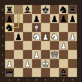 The board after 20…Na6 in The Immortal Game