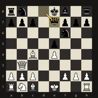 The board after 7…Qe7 in The Opera Game