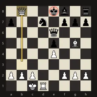 The board after 16.Qb8+ in The Opera Game